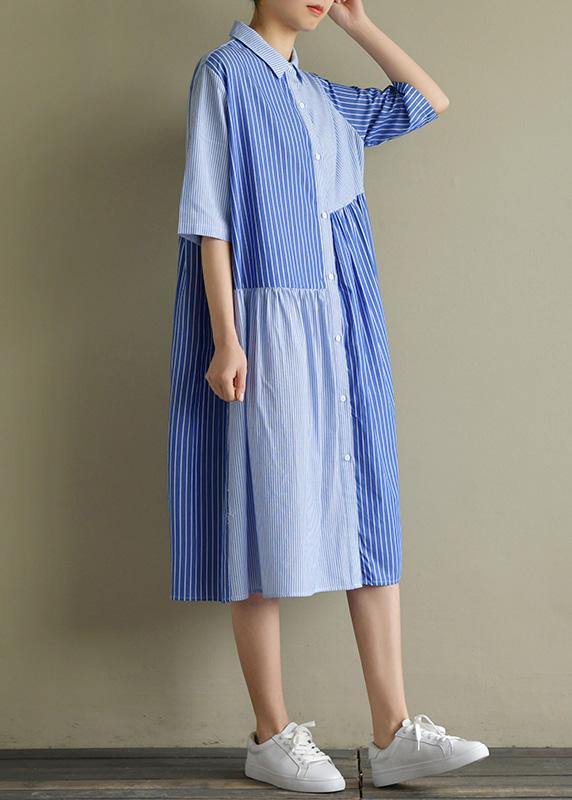 Lapel Half Sleeve Cotton Tunic Sewing Blue Striped Dress Summer
