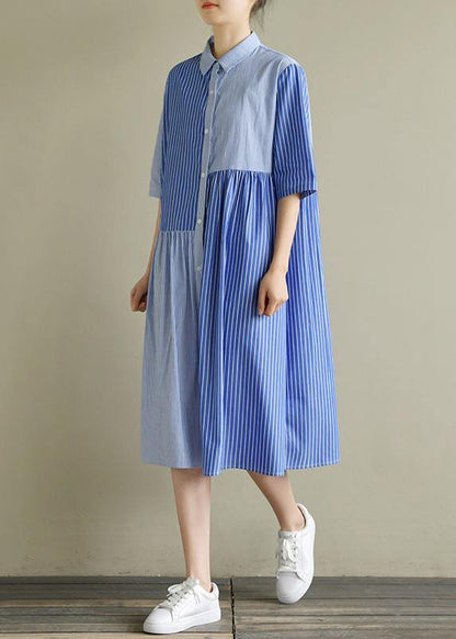 Lapel Half Sleeve Cotton Tunic Sewing Blue Striped Dress Summer