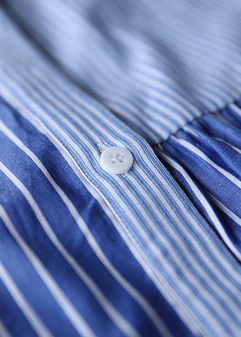 Lapel Half Sleeve Cotton Tunic Sewing Blue Striped Dress Summer
