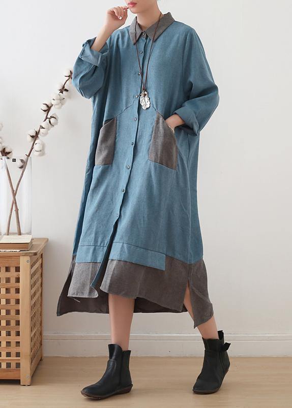 Lapel Patchwork Quilting Clothes Runway Blue Maxi Dress