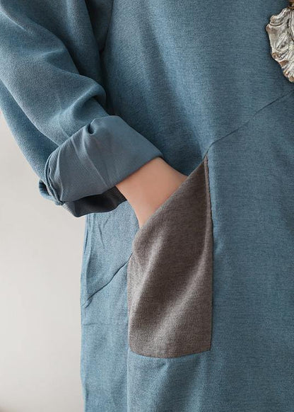 Lapel Patchwork Quilting Clothes Runway Blue Maxi Dress