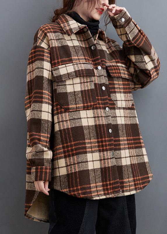 Lapel Pockets Clothes for Sewing Chocolate Plaid Tops