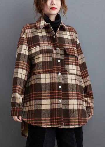 Lapel Pockets Clothes for Sewing Chocolate Plaid Tops
