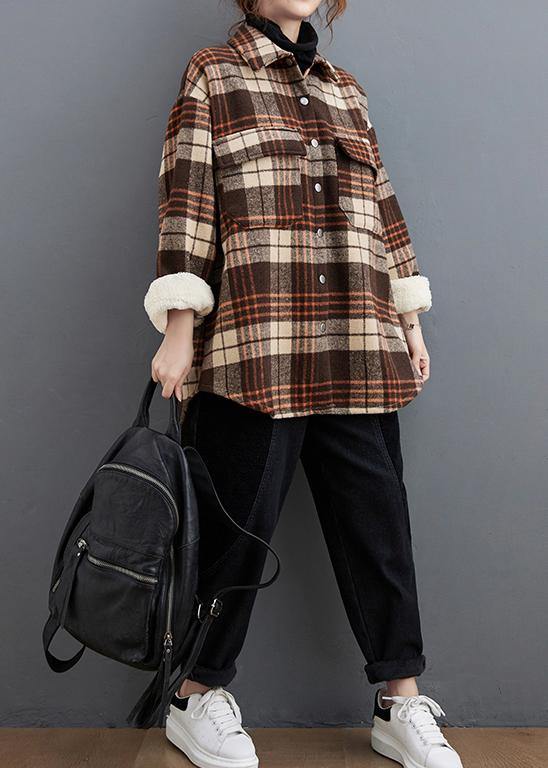 Lapel Pockets Clothes for Sewing Chocolate Plaid Tops