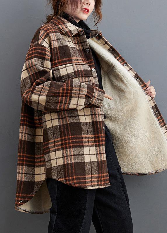 Lapel Pockets Clothes for Sewing Chocolate Plaid Tops
