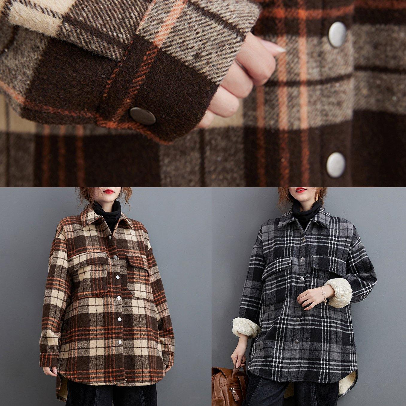 Bohemian lapel pockets clothes For Women Sewing chocolate plaid tops
