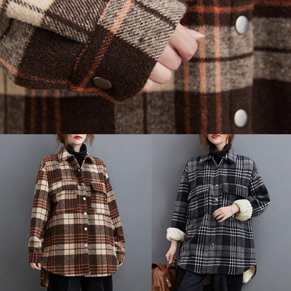 Bohemian lapel pockets clothes For Women Sewing chocolate plaid tops