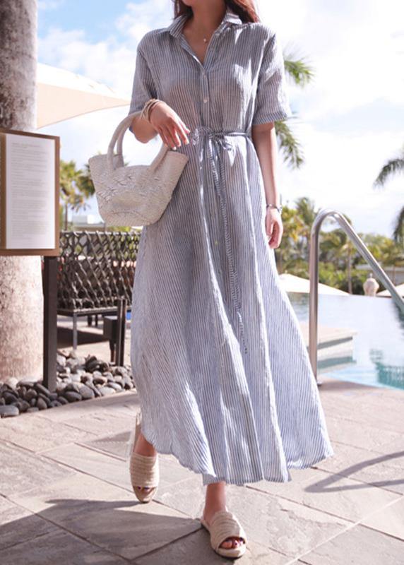 Lapel Tunic Cotton Linen Robes Shirts Striped Dresses