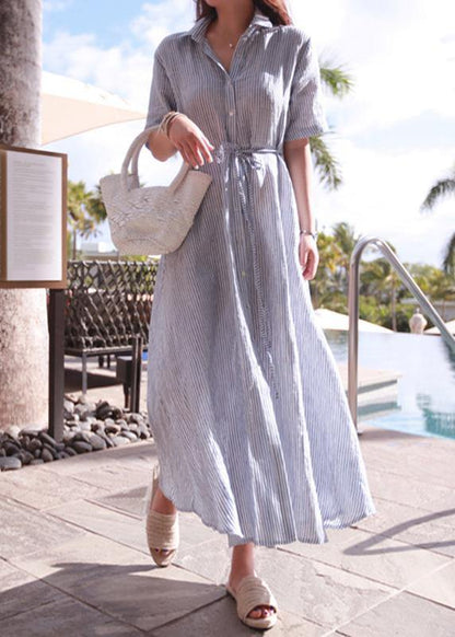 Lapel Tunic Cotton Linen Robes Shirts Striped Dresses