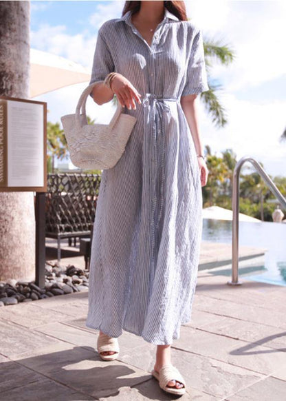 Lapel Tunic Cotton Linen Robes Shirts Striped Dresses