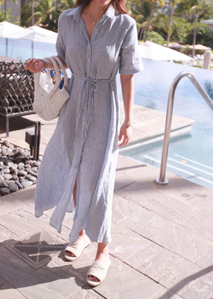Lapel Tunic Cotton Linen Robes Shirts Striped Dresses