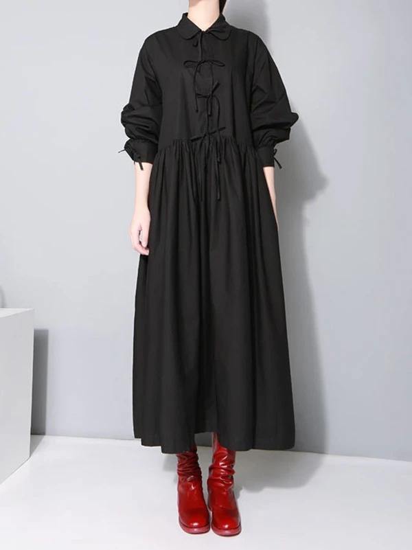 Lapel Cinched Cotton Spring Outfit Linen Black a Line Dresses
