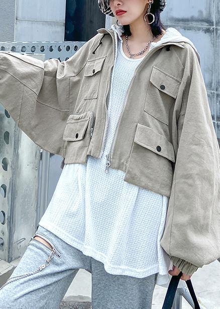 Lapel Zippered Fine Coats Blouses Beige Art Outwear