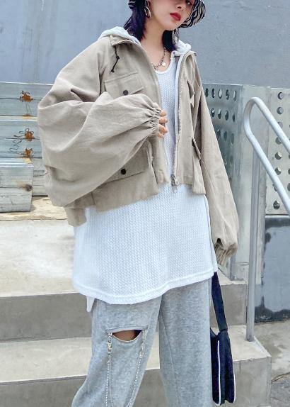 Lapel Zippered Fine Coats Blouses Beige Art Outwear