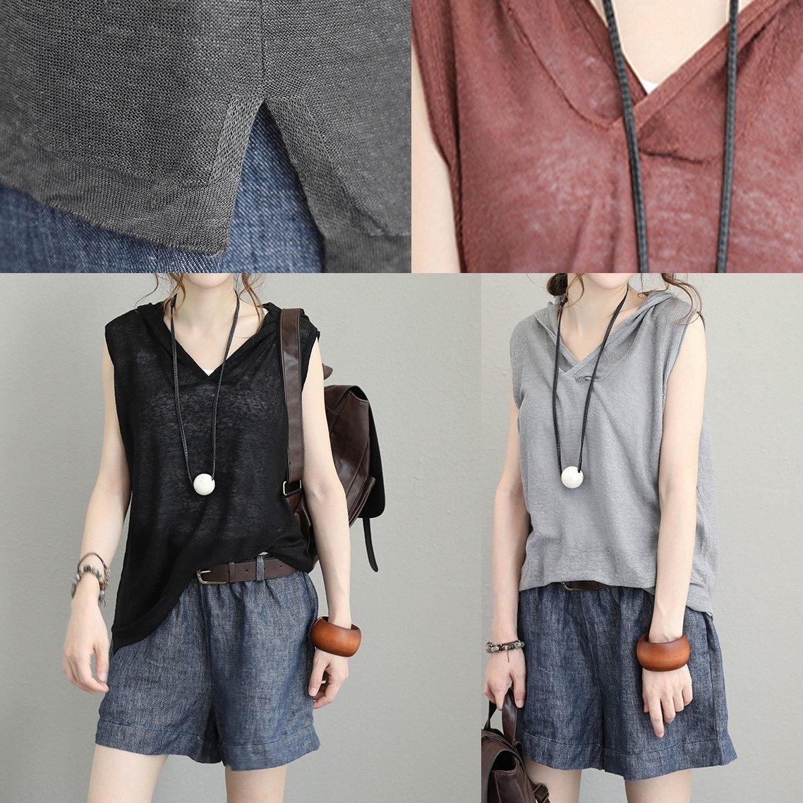Light Gray Cotton Long Shirts Neckline Hooded Sleeveless Top Summer