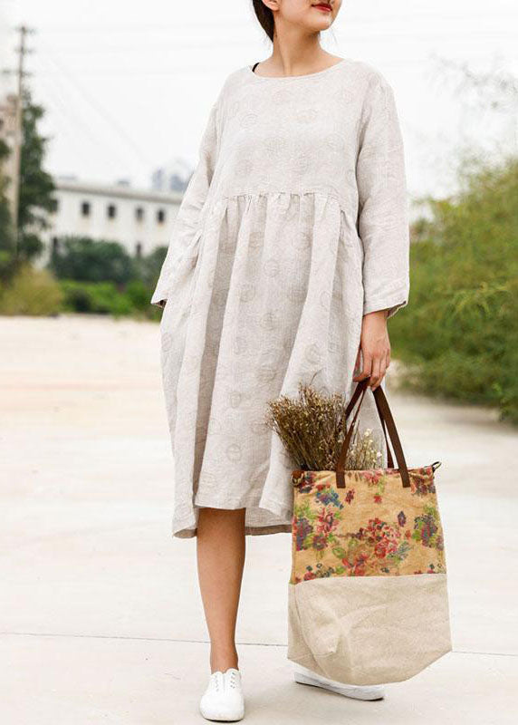 Linen Outfit Boutique Long Sleeve Jacquard Beige Pleat Dress