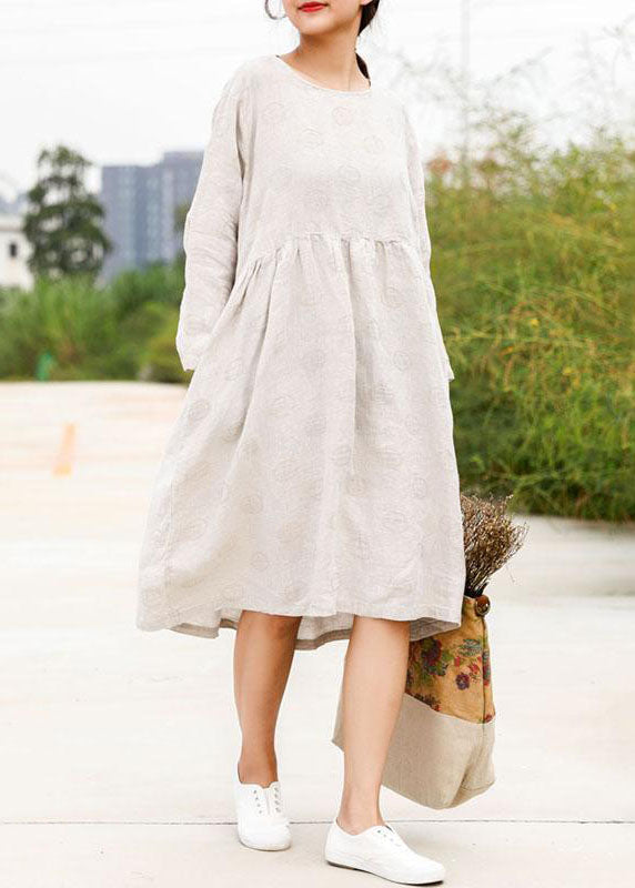 Linen Outfit Boutique Long Sleeve Jacquard Beige Pleat Dress