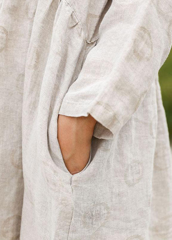 Linen Outfit Boutique Long Sleeve Jacquard Beige Pleat Dress