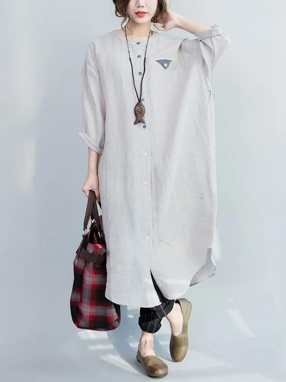O Neck Batwing Sleeve Cotton Spring Gray Robe Long Shirts Dress