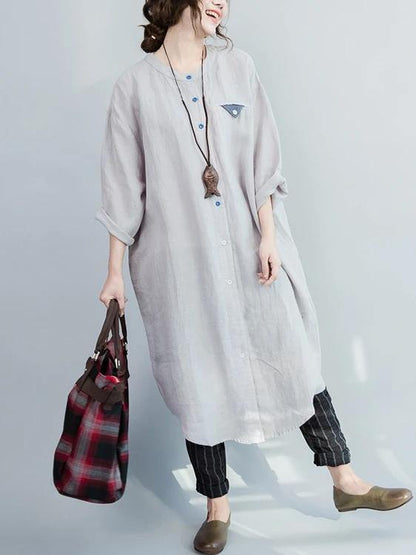 O Neck Batwing Sleeve Cotton Spring Gray Robe Long Shirts Dress