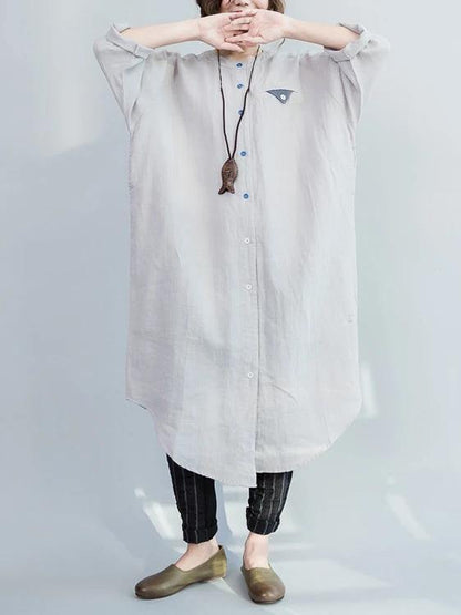 O Neck Batwing Sleeve Cotton Spring Gray Robe Long Shirts Dress