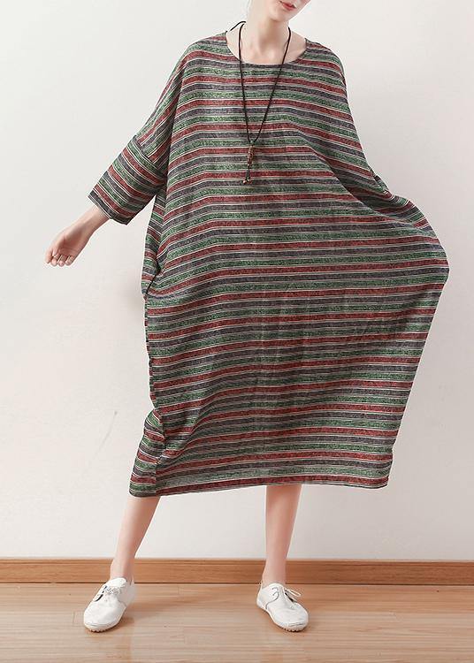 O Neck Batwing Sleeve Linen Dress Pattern Green Striped Dress
