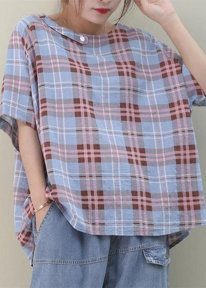 O Neck Button Down Cotton Summer Tops Sewing Blue Plaid Blouses