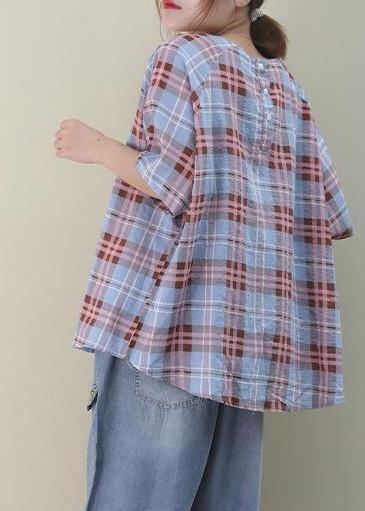O Neck Button Down Cotton Summer Tops Sewing Blue Plaid Blouses