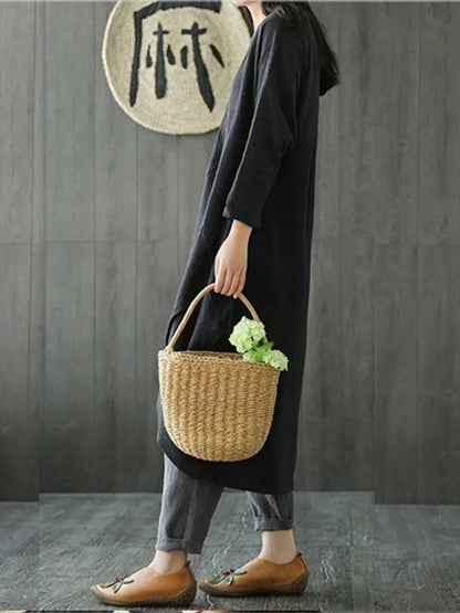 O Neck Asymmetric Linen Cotton Springlong Shirts Catwalk Black Dresses