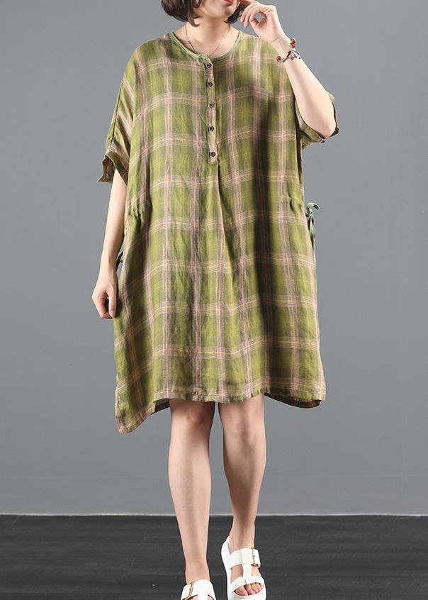 O Neck Drawstring Summer Clothes Inspiration Green Plaid Dress
