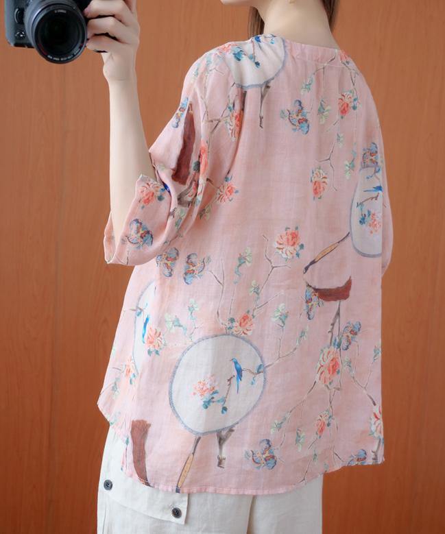 O Neck Half Sleeve Blouses for Shirts Pink Print Tops