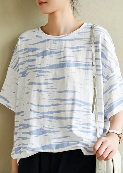 O Neck Half Sleeve Summer Shirts Wardrobes White Striped Top