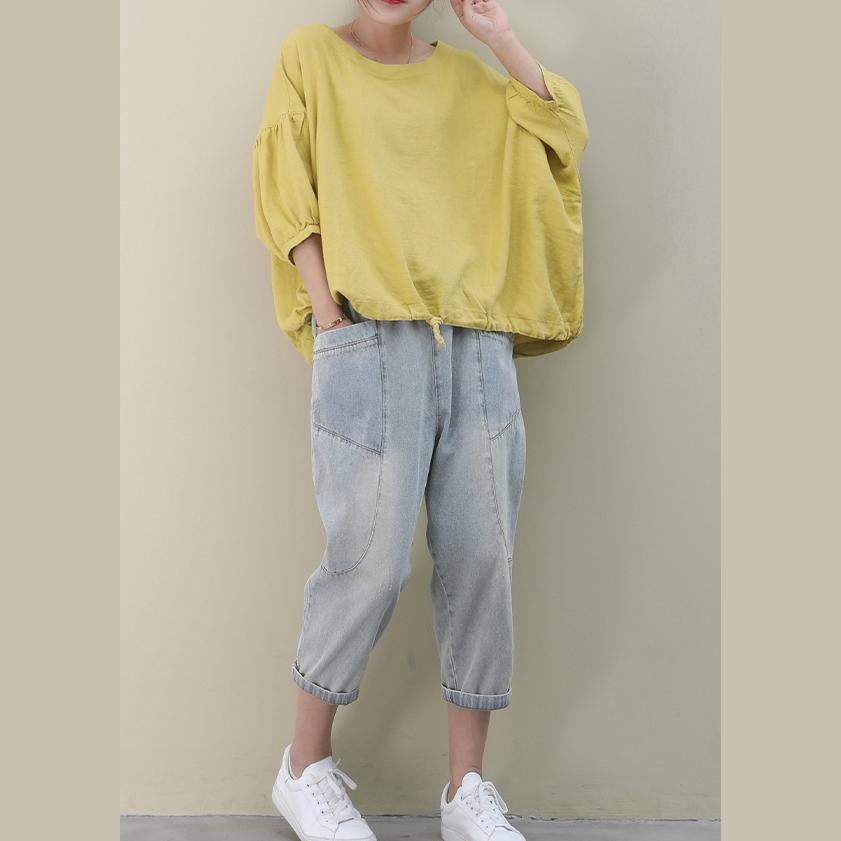 O Neck Lantern Sleeve Linen Box Top Shirts Yellow Shirts