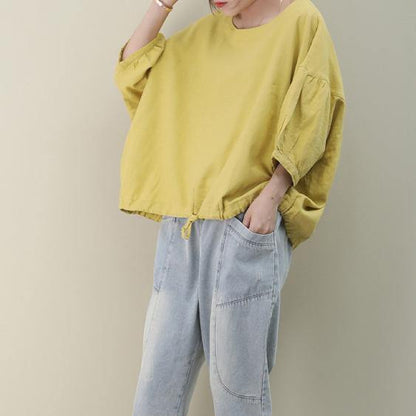 O Neck Lantern Sleeve Linen Box Top Shirts Yellow Shirts