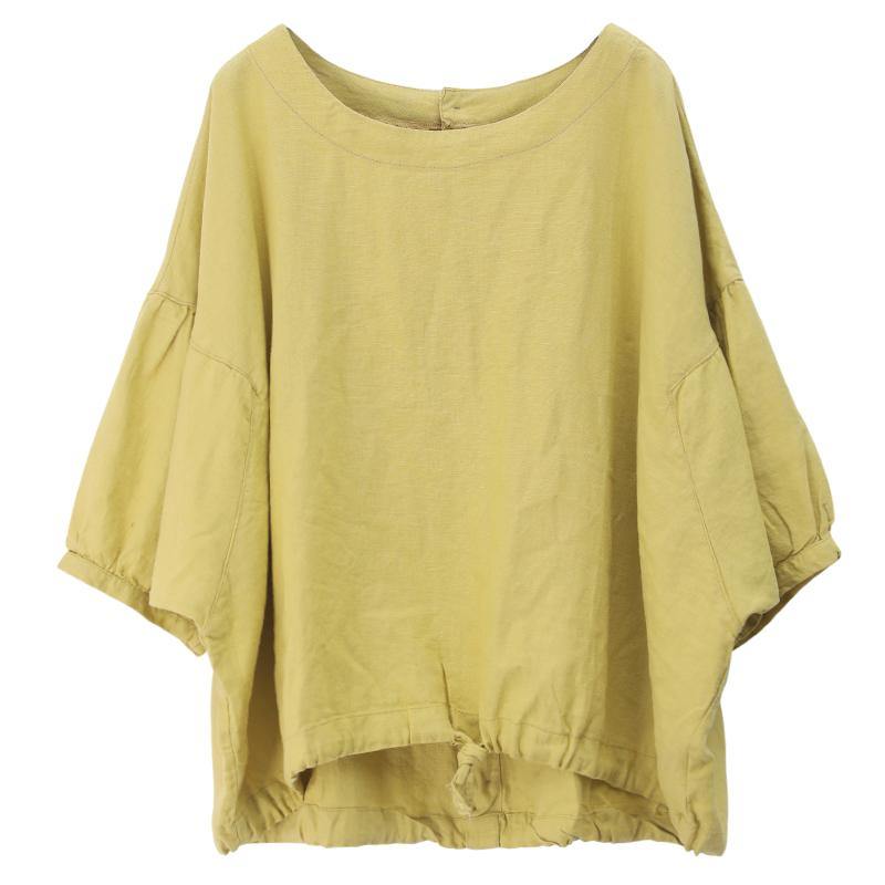O Neck Lantern Sleeve Linen Box Top Shirts Yellow Shirts