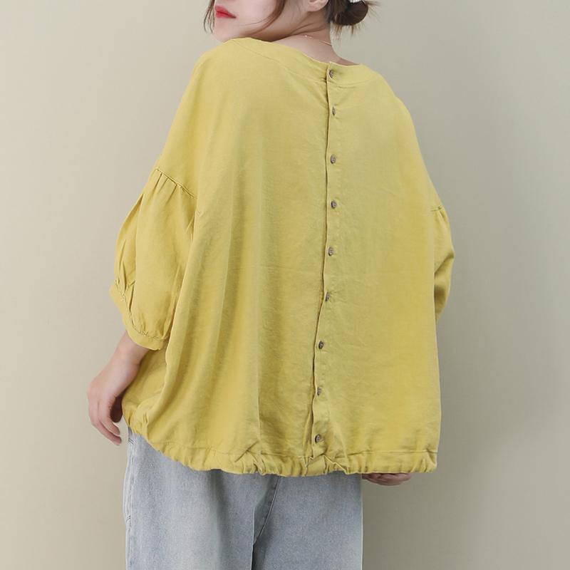 O Neck Lantern Sleeve Linen Box Top Shirts Yellow Shirts