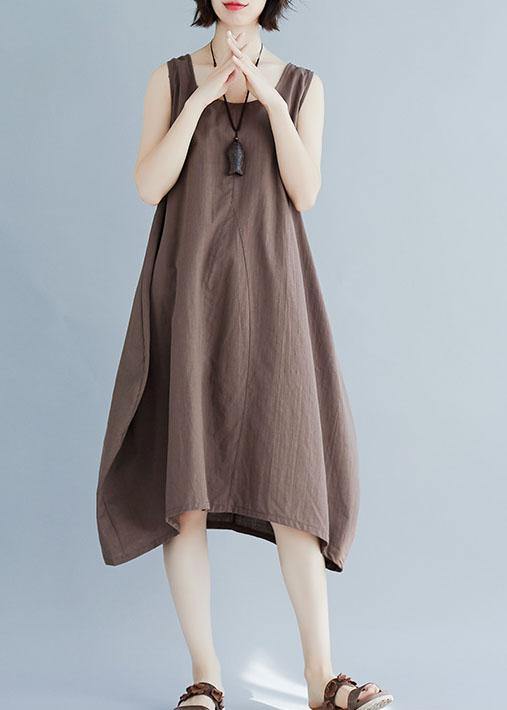 O Neck Linen Quilting Dresses Ideas Khaki Sleeveless Dress Summer