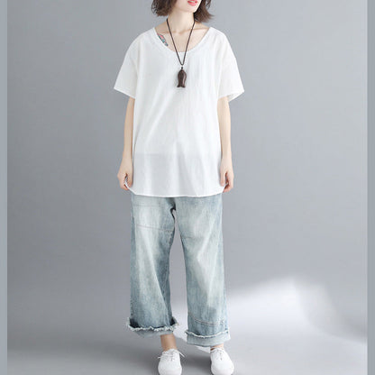 O Neck Linen Tunic Top Work White Oversized Top