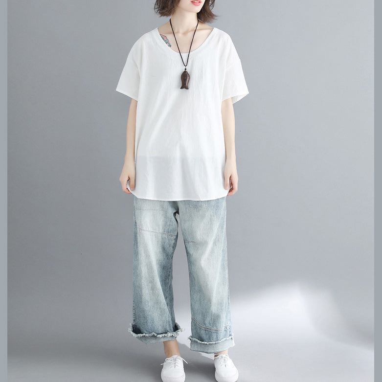 O Neck Linen Tunic Top Work White Oversized Top