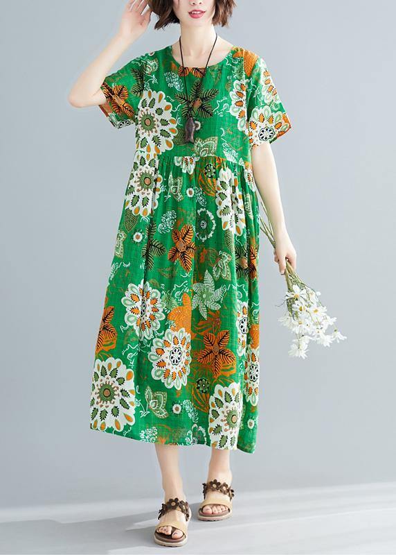 O Neck Patchwork Cotton Green Print Dresses Summer