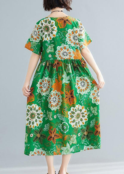 O Neck Patchwork Cotton Green Print Dresses Summer