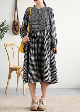 O Neck Patchwork Cotton Linen Long Shirts Work Outfits Black Plaid Dress