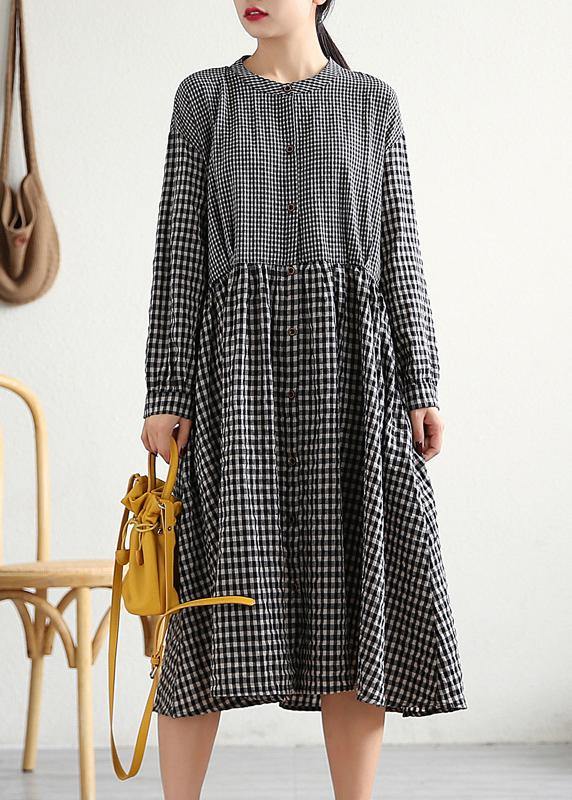 O Neck Patchwork Cotton Linen Long Shirts Work Outfits Black Plaid Dress