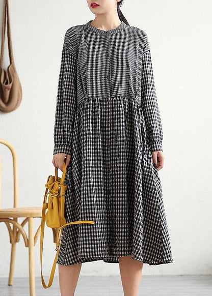 O Neck Patchwork Cotton Linen Long Shirts Work Outfits Black Plaid Dress