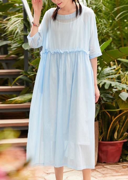 O Neck Patchwork Linen Cotton Clothes Catwalk Light Blue Dress Summer