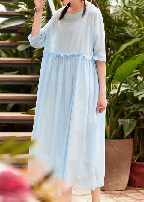 O Neck Patchwork Linen Cotton Clothes Catwalk Light Blue Dress Summer