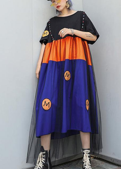 O Neck Patchwork Tulle Cotton Clothes for Blue Dresses Summer