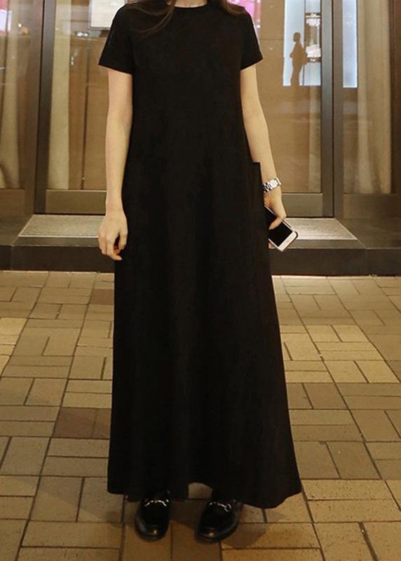O Neck Pockets Cotton Summer Tunic Neckline Black Maxi Dress