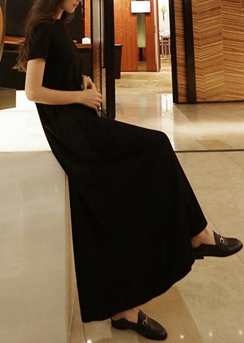 O Neck Pockets Cotton Summer Tunic Neckline Black Maxi Dress