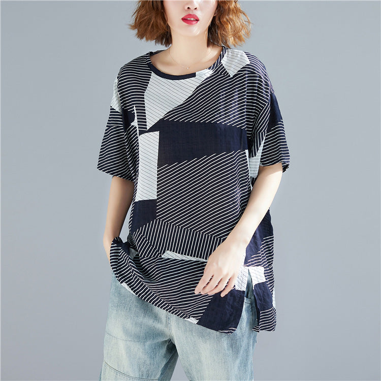 O Neck Side Open Cotton Linen Tops Work Striped Midi Top